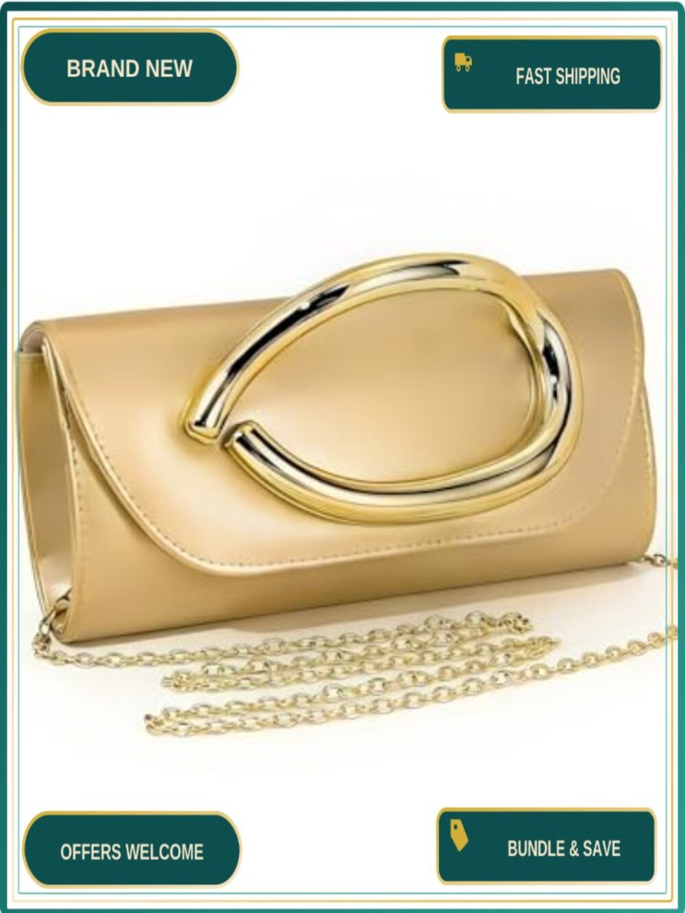 PU Leather Evening Clutch with Detachable Chain & Metal Handle Crossbody Bag